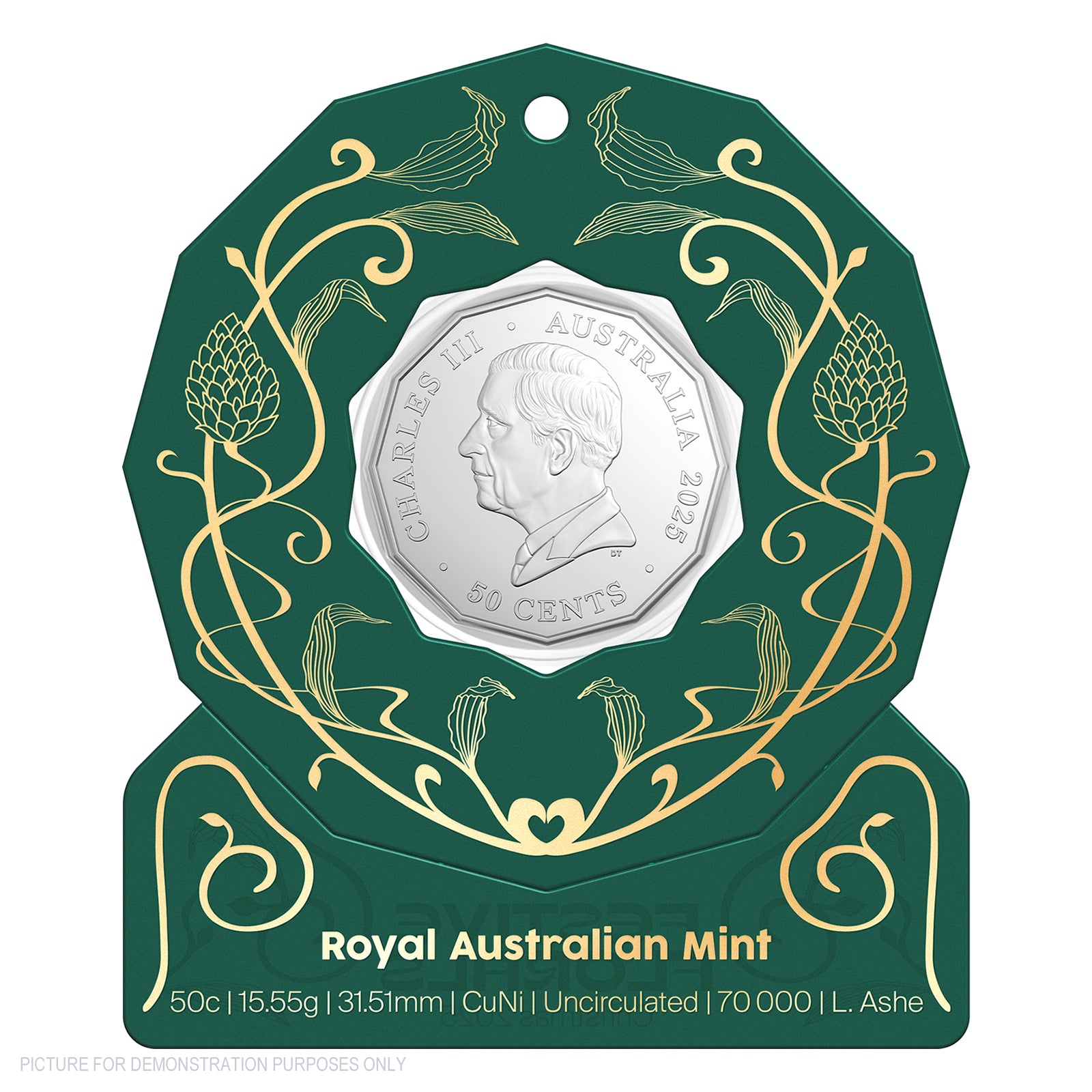 2025 RAM 50c Coloured Uncirculated Coin - Christmas Festive Florals - GREEN Packaging